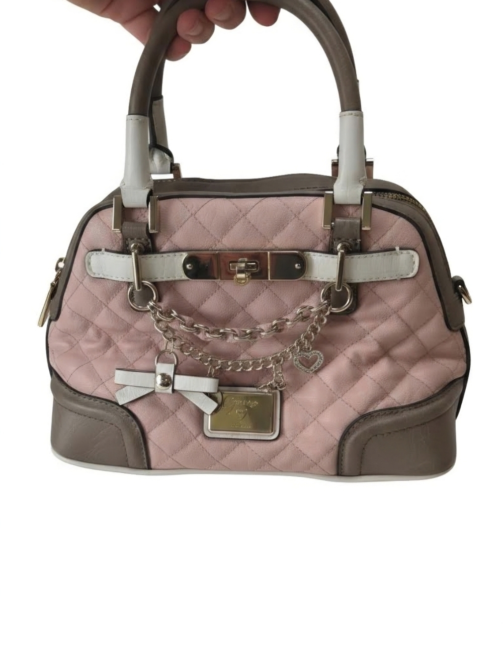 Guess Quilted Pink and Taupe Top-Handle Satchel Bag